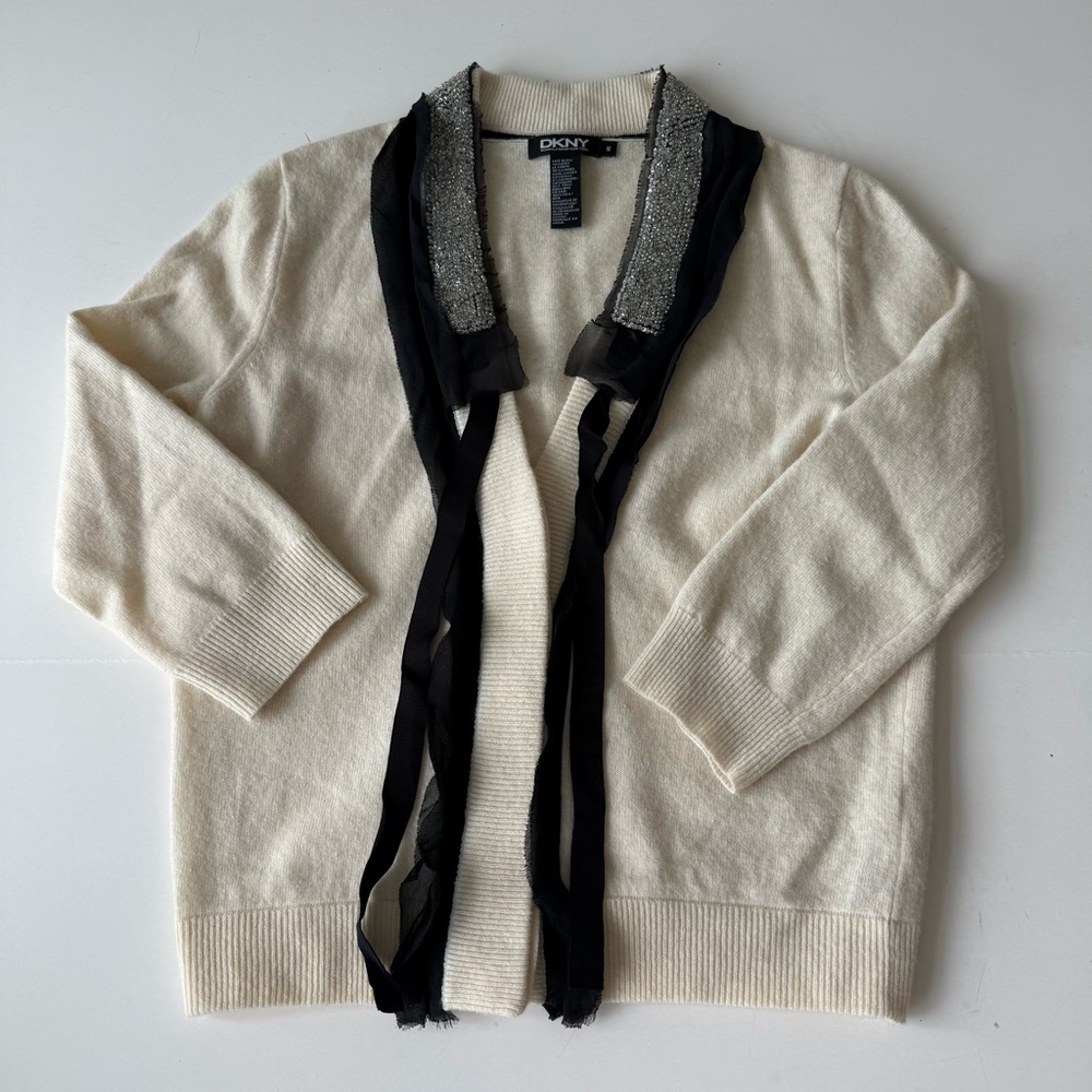 DKNY Cashmere Wool Embellished Open-Front Cardigan, Cream and Black Sz M, READ**